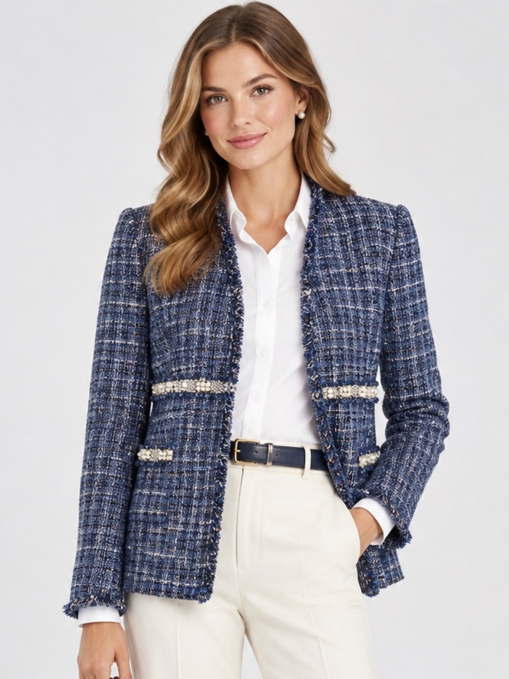 Zara Blue Tweed Fringe Pearl Open Blazer Women’s XS Preppy Career Academia